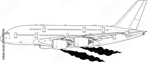 Detailed line drawing of large commercial airplane with four engines, aviation vector illustration highlighting aircraft design, engineering, and aviation safety themes