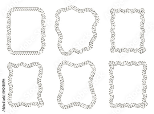 Set rope elements of different forms, circle, capsule, oval flat vector, rope brush element. Different vintage rope stroke element with loops