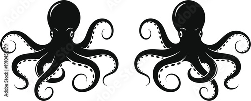 Two black silhouette octopuses with swirling tentacles and detailed suckers facing each other as a symmetrical