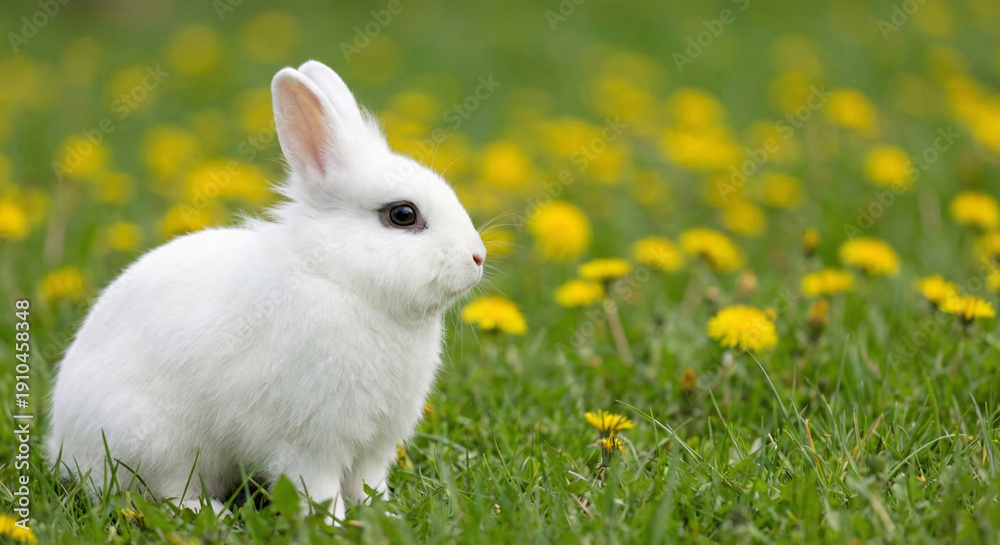Fototapeta premium Fluffy white rabbit sitting in green grass field of dandelions in Spring