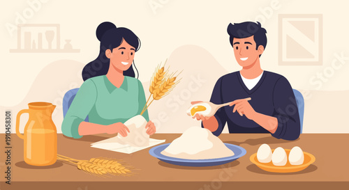 Couple preparing ingredients for baking, with wheat, eggs, and milk