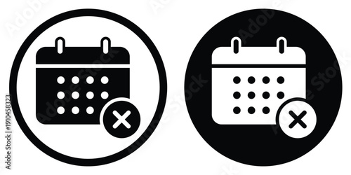 Calendar vector icon with a rejected "X" cross mark. Circular frame design for both light and dark modes. Perfect for cancelled events, declined meetings, or expired dates.