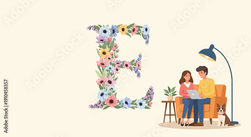 Couple on couch with laptop, dog, and floral initial 'E'