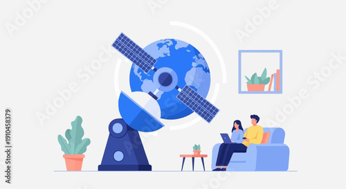 Couple on couch with laptop watches satellite orbiting Earth