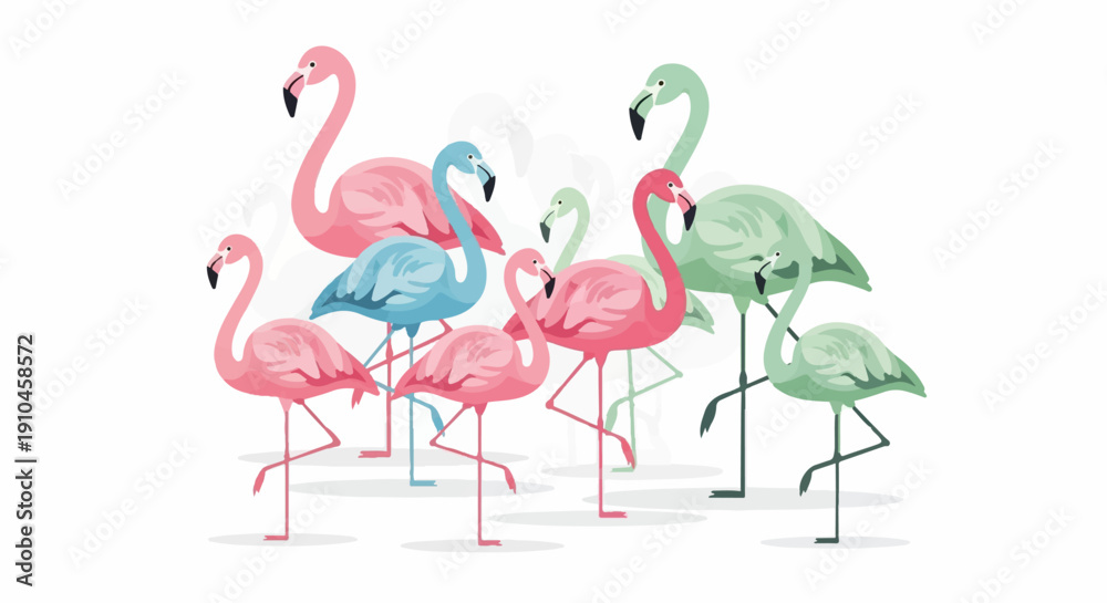 Fototapeta premium Collection of pink, blue, and green flamingos standing on one leg