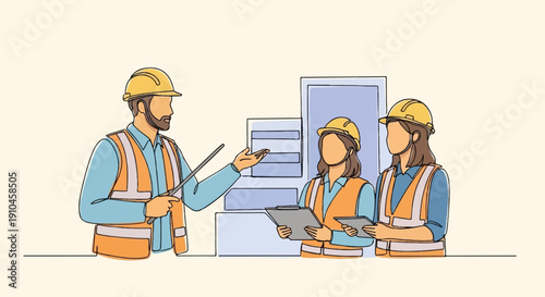 Construction workers discuss project plans with a supervisor pointing