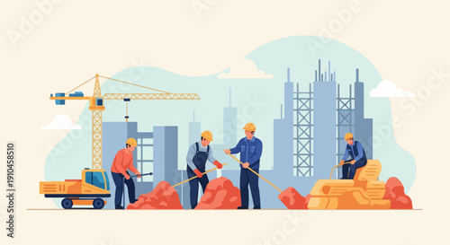 Construction workers and machinery on a developing building site