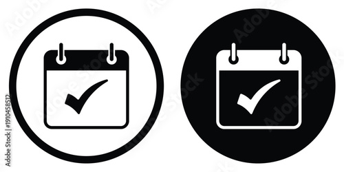 Calendar vector icon with a confirmed checkmark symbol. Set in black and white circular frames. Suitable for verified dates, completed appointments, and successful project scheduling.