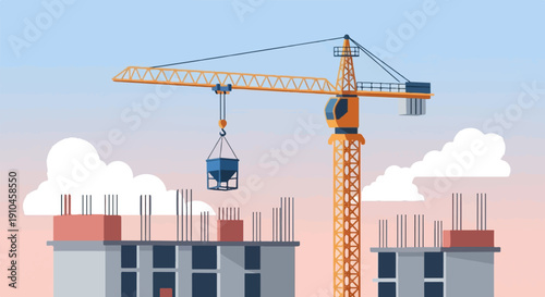 Construction site with crane lifting materials against a gradient sky
