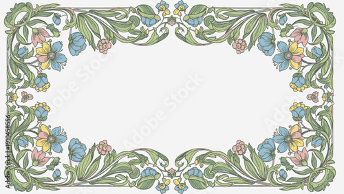 An elegant vintage floral frame featuring an ornate vector design with spring leaves and nature-inspired ornaments for a decorative invitation border or wallpaper banner