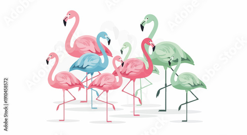 Collection of pink, blue, and green flamingos standing on one leg