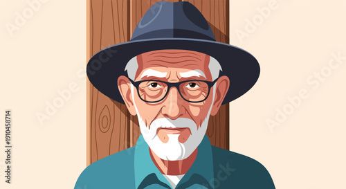 Close-up portrait of an elderly man with a beard, wearing glasses and a hat