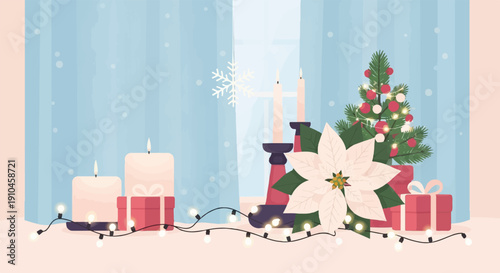 Cozy Christmas scene with a lit tree, poinsettia, candles, gifts, and lights
