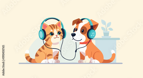 Cute cat and dog sharing headphones to listen to music together
