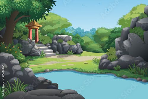 A serene japanese garden landscape with a red pagoda and lush greenery