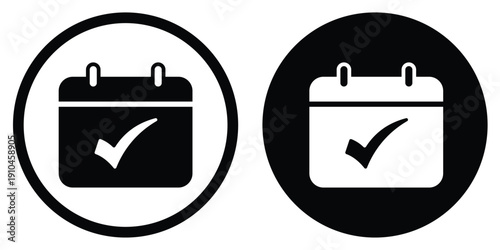 Calendar vector icon with a confirmed checkmark symbol. Set in black and white circular frames. Suitable for verified dates, completed appointments, and successful project scheduling.