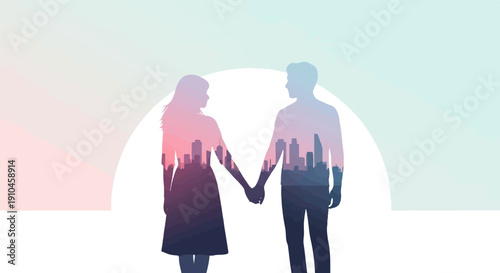 Couple holding hands, city skyline silhouette within them