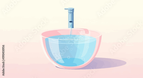 Clear water flows from a faucet into a pink glass bowl