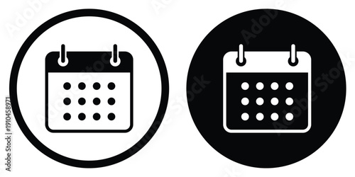 Minimalist calendar vector icon in circular frames. Featuring a clean flip-style organizer symbol in both outline and solid black versions. Perfect for scheduling, dates, and planning UI.