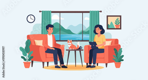 Couple relaxing indoors with a pet dog and a scenic view