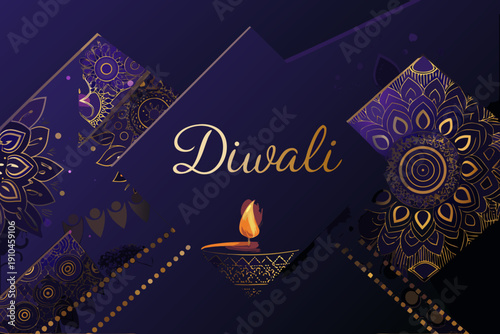A decorative diwali greeting with a lit diya and golden floral patterns