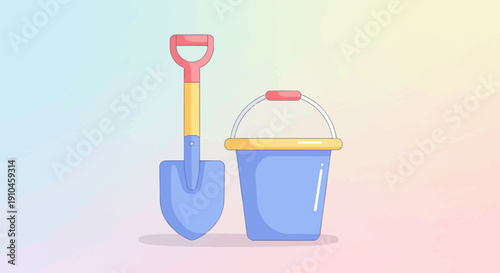 Cartoon shovel and bucket against a soft, gradient background