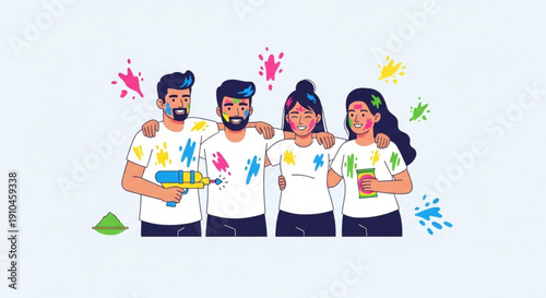 Four friends having fun with colorful paint splatters and smiling together in a playful moment