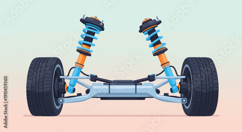 Cartoon style vehicle suspension system with blue springs and orange shocks