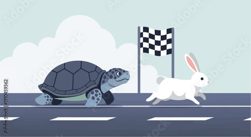 Cartoon tortoise and hare race towards checkered flag under cloudy sky