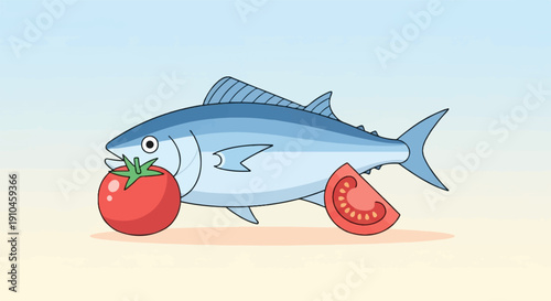 Cartoon tuna fish with a whole tomato in its mouth and a slice beside it