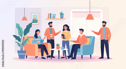 Casual gathering of people in a brightly lit, modern living room setting