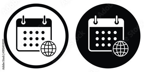 Global calendar vector icon with a globe symbol. Minimalist black and white design in circular frames. Perfect for international scheduling, world events, and global business planning.