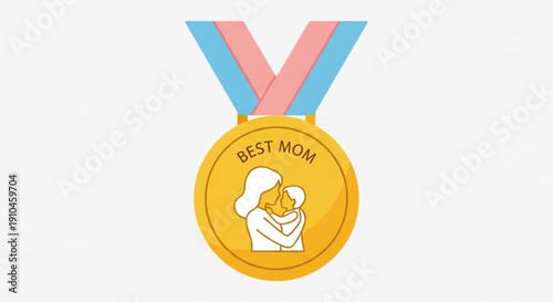 Golden medal with pink and blue ribbon 'best mom' engraved chef hat and utensils illustration