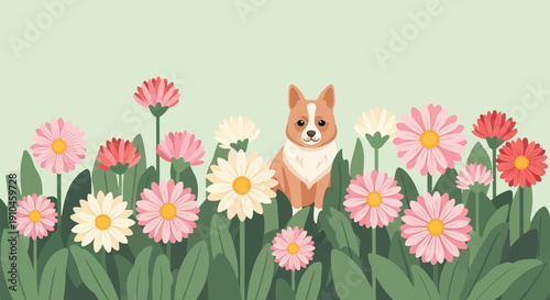 Charming cartoon corgi sits amidst a vibrant field of pink, red, and cream daisy-like flowers