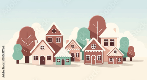 Charming village of gingerbread-like houses nestled among stylized trees in soft hues
