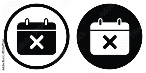 Calendar vector icon with a rejected "X" cross mark. Circular frame design for both light and dark modes. Perfect for cancelled events, declined meetings, or expired dates.