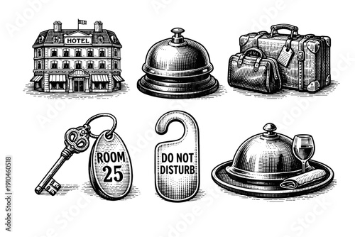 Vintage hotel service engraving set, luxury hospitality sketches in woodcut style