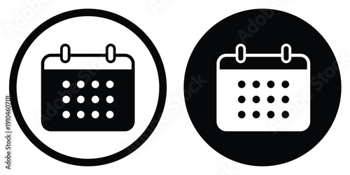 Minimalist calendar vector icon in circular frames. Featuring a clean flip-style organizer symbol in both outline and solid black versions. Perfect for scheduling, dates, and planning UI.