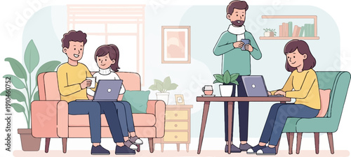 Cozy scene of people working remotely on laptops in a comfortable room