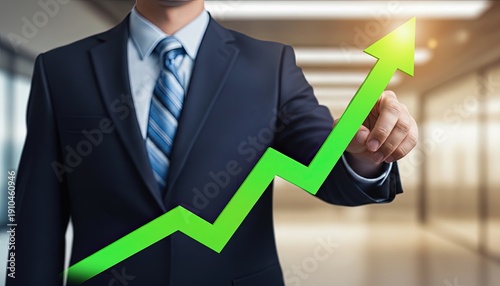 Businessman Pointing at Green Rising Arrow