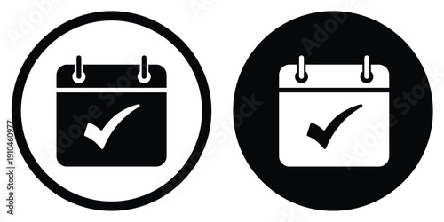Calendar vector icon with a confirmed checkmark symbol. Set in black and white circular frames. Suitable for verified dates, completed appointments, and successful project scheduling.