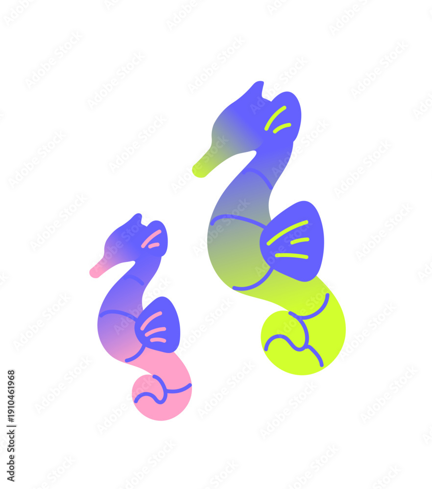 Fototapeta premium Mother and baby seahorses are swimming together. Cute colourful sea horses in gradient style. Tropical underwater fauna. Undersea animals. Ocean wildlife. Flat isolated vector illustration on white