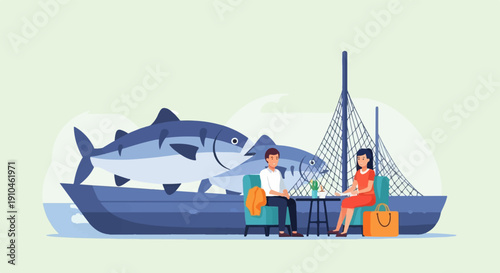 Couple relaxing on a boat with giant fish