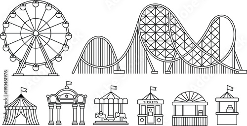 Amusement, park, carnival, rides, ferris, wheel, rollercoaster, circus, tent, carousel, tickets, fairground, entertainment, vector, illustration, festival, fun, leisure, attraction, collection