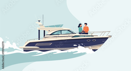 Couple enjoys a leisure cruise on a sleek yacht through blue waters