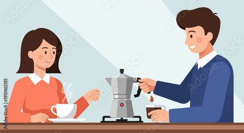 Couple shares freshly brewed coffee from a moka pot, enjoying a morning moment