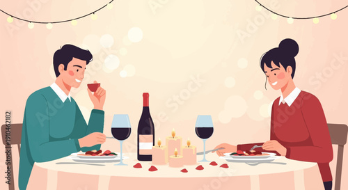 Couple enjoys a romantic candlelit dinner with wine and food