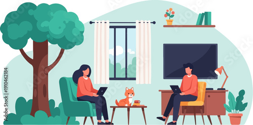 Cozy home scene with two people working remotely, a pet, and plants