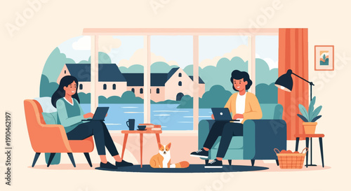 Cozy home scene with people working on laptops and dog