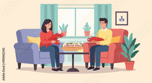 Couple enjoying lobsters and a roll while relaxing indoors